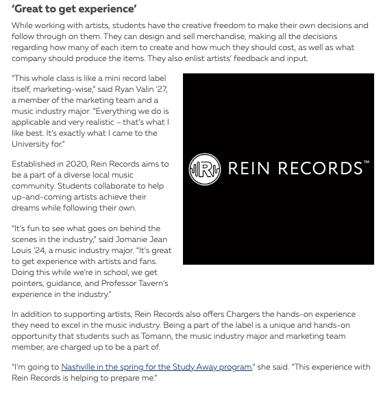 Screenshot of The Charger Blog  "University's Student-Run Record Label Empowers Students to Take the Reins" Image 3 of 3